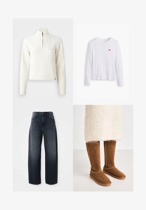 Hvid, sweater med lynlås ved halsen og lange ærmer. Lavet af et blødt strikmateriale, med ribbede manchetter og kant. Diskret mærke-logo ved kanten.; Hvid langærmet skjorte lavet af blødt bomuld. Har et lille rødt Levi's logo på venstre bryst. Klassisk crew neck design.; Vidde bukser i mørk denim med høj talje, klassisk knap- og lynlåslukning, samt subtil falming langs forsiden.; Knæhøje brune ruskindsstøvler med en glat tekstur, der har sidesyninger og en gummisål for bedre greb.