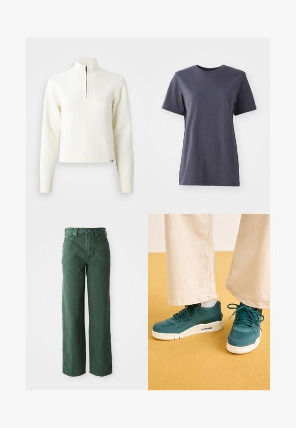 Suéter blanco con cuello de cremallera y mangas largas. Fabricado en un material de punto suave, con puños y dobladillo acanalados. Logo de la marca sutil en el dobladillo.; Camiseta de manga corta en algodón gris oscuro, diseño de cuello redondo, textura suave, dobladillo recto, sin patrones visibles ni detalles metálicos.; Vaqueros verdes de pierna ancha hechos de denim. Presentan una cintura alta, piernas rectas, bolsillos frontales y cierre de botón metálico.; Zapatillas teal con superposiciones texturizadas, lados suaves y suelas de goma blancas. Combinadas con pantalones de pierna ancha color crema sobre una superficie amarilla.