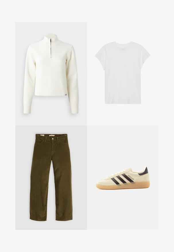 Suéter blanco con cuello de cremallera y mangas largas. Fabricado en un material de punto suave, con puños y dobladillo acanalados. Logo de la marca sutil en el dobladillo.; Camiseta blanca de manga corta con cuello redondo, corte relajado, hecha de suave tela de algodón. Textura lisa, sin estampados ni logotipos.; Pantalones de pana verde oliva con un diseño de pierna recta, que cuentan con bolsillos frontales y un cierre de botones, mostrando una textura acanalada vertical.; Zapatilla de ante color crema con rayas negras, suela de goma, lengüeta negra en el talón y texto dorado "SPEZIAL" en el lateral.