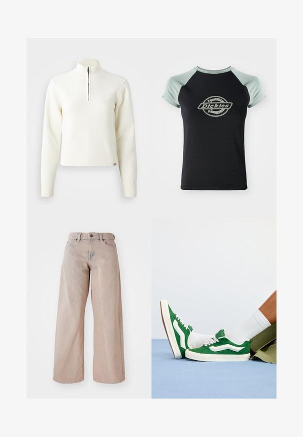 Pull-over blanc à col zippé et manches longues. Fabriqué en matériau tricoté doux, avec des poignets et un ourlet côtelés. Logo de la marque subtil à l'ourlet.; T-shirt noir avec des manches raglan vert clair. Présente un logo circulaire central avec le texte "Dickies" dans un design de corde. Texture de tissu douce.; Jean large beige taille haute avec un design à cinq poches et fermeture à bouton. Le tissu a une texture douce et un léger dégradé à l'avant.; Baskets en daim vert avec des accents blancs, lacets texturés avec des détails roses et une semelle en caoutchouc beige, portées avec des chaussettes blanches et un short vert.