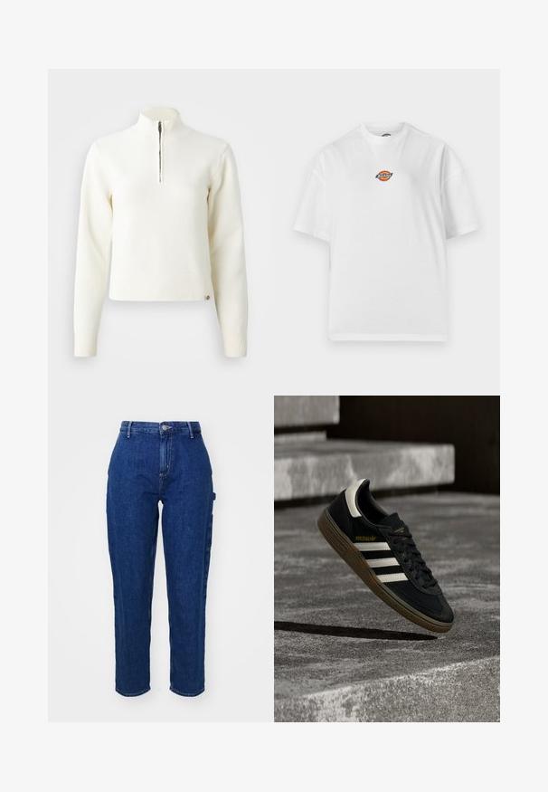 Hvid, sweater med lynlås ved halsen og lange ærmer. Lavet af et blødt strikmateriale, med ribbede manchetter og kant. Diskret mærke-logo ved kanten.; Hvid T-shirt med korte ærmer og rund hals, med en lille farverig Dickies-logo placeret midt på brystet mod en ensfarvet baggrund.; Mørkeblå denim jeans med høj talje, lige ben, frontknaplukning og sidelommer. Glat tekstur med en let stræk.; Sort Adidas-sneaker med hvide striber og gummisåler, svævende over grå betontrapper i naturligt lys.
