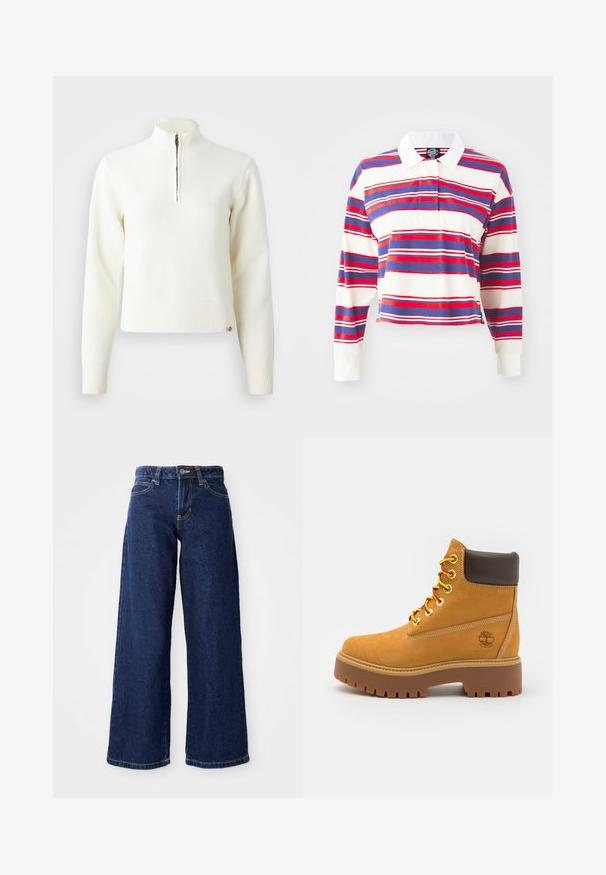 Witte sweater met ritssluiting en lange mouwen. Gemaakt van een zachte gebreide stof, met ribgebreide boorden en een zoom. Subtiele merklogo aan de zoom.; Lange mouw polo shirt in crème met horizontale strepen in blauw, rood en wit. Voorzien van een witte kraag en een cropped ontwerp. Zacht materiaal.; Donkerblauwe wijde spijkerbroek van denim, met een knoop- en ritssluiting, riemlussen en klassieke vijf-pocketontwerp.; Tan waterdichte enkelboot met een stevige rubberen zool, ronde neus, bruine leren kraag, gele veters en een logo aan de zijkant.
