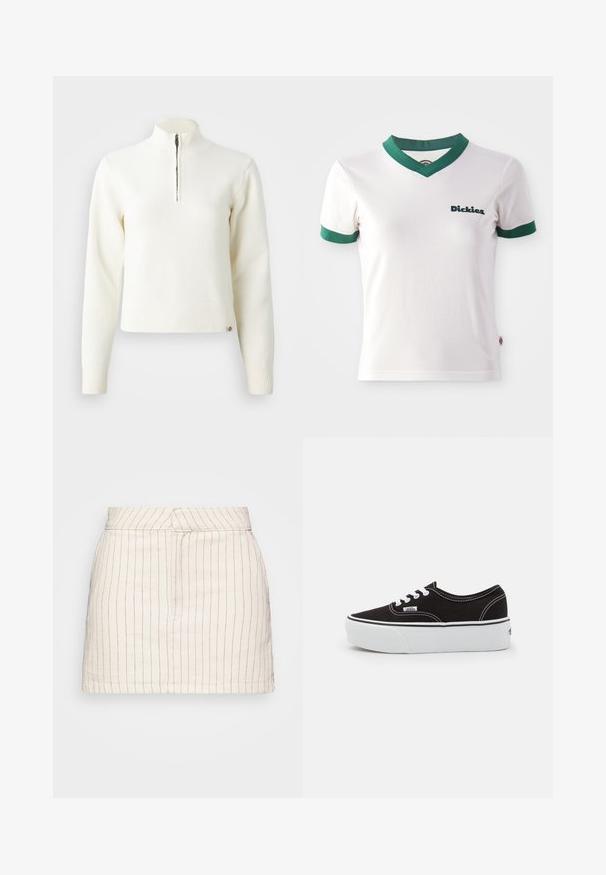 Pull-over blanc à col zippé et manches longues. Fabriqué en matériau tricoté doux, avec des poignets et un ourlet côtelés. Logo de la marque subtil à l'ourlet.; T-shirt blanc à manches courtes avec un col en V vert et des bordures de manches vertes ; présente le logo "Dickies" en vert foncé sur le côté gauche de la poitrine. Texture de coton lisse.; Jupe crème avec de fines rayures verticales rouges, présentant un design ajusté et un ourlet droit. Fabriquée à partir d'un tissu léger.; Baskets en toile noires avec une semelle en caoutchouc blanc, dotées de lacets et de coutures blanches, marquage emblématique sur le côté, design basse.