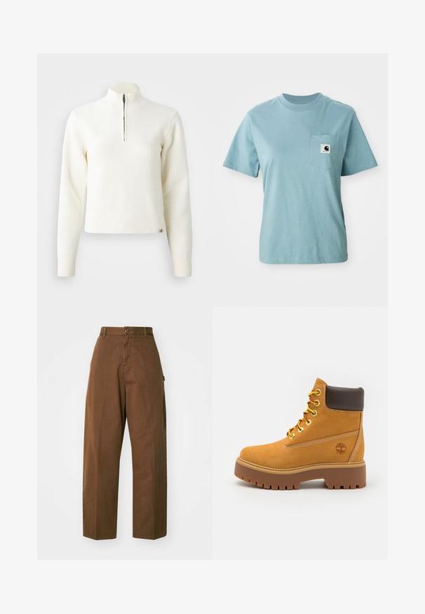 Hvid, sweater med lynlås ved halsen og lange ærmer. Lavet af et blødt strikmateriale, med ribbede manchetter og kant. Diskret mærke-logo ved kanten.; Lyseblå kortærmet bomulds T-shirt med brystlomme og et lille sort-hvidt Carhartt logo patch.; Brune, brede bukser lavet af slidstærkt stof med knaplukning og sidelommer. Glat tekstur og lige snit.; Tan vandtæt ankelstøvle med en robust gummisål, rund tå, brun læderkrave, gule snørebånd og et logo på siden.