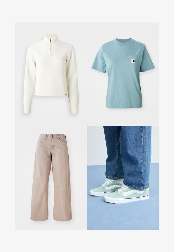 Pull-over blanc à col zippé et manches longues. Fabriqué en matériau tricoté doux, avec des poignets et un ourlet côtelés. Logo de la marque subtil à l'ourlet.; T-shirt en coton léger bleu clair à manches courtes avec poche poitrine affichant un petit patch logo Carhartt noir et blanc.; Jean large beige taille haute avec un design à cinq poches et fermeture à bouton. Le tissu a une texture douce et un léger dégradé à l'avant.; Personne portant des sneakers vert clair et blancs avec des lacets blancs et un jean bleu, se tenant sur un sol bleu clair.