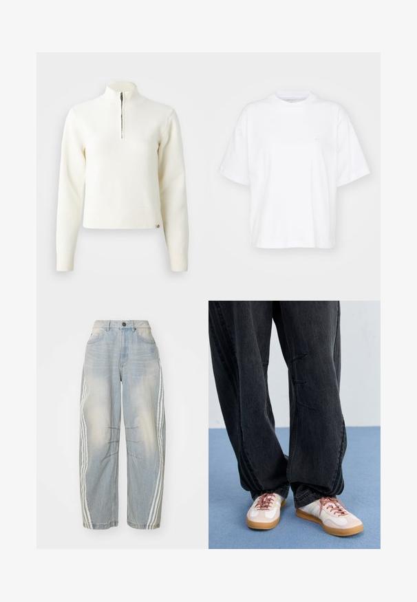 Witte sweater met ritssluiting en lange mouwen. Gemaakt van een zachte gebreide stof, met ribgebreide boorden en een zoom. Subtiele merklogo aan de zoom.; Witte katoenen t-shirt met een ronde hals, korte mouwen en een ontspannen pasvorm. Heeft een subtiel logo op het linkerborstgedeelte. Zachte textuur.; Lichtblauwe denim jeans met een losse pasvorm, voorzien van witte strepen aan de zijkanten, verweringdetails en een knoopsluiting in de taille.; Zwarte baggy denimbroek met stiksels aan de voorkant, gecombineerd met witte en blush sneakers met een gumkleurige zool en roze veters.