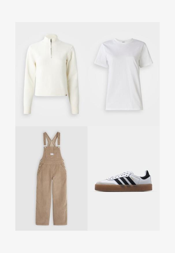 Hvid, sweater med lynlås ved halsen og lange ærmer. Lavet af et blødt strikmateriale, med ribbede manchetter og kant. Diskret mærke-logo ved kanten.; Hvid bomulds t-shirt med rund hals og korte ærmer. Stoffet er glat med en blød tekstur og uden synlige mønstre eller detaljer.; Fløjlsoveralls i lys brun, med justerbare stropper, sidelukninger og to forlommer. Blød tekstur med en afslappet pasform.; Hvide lædersneakers med sorte striber, gummirubber sål, rund tå, snørelukning og blød grå ruskinds tåhætte.