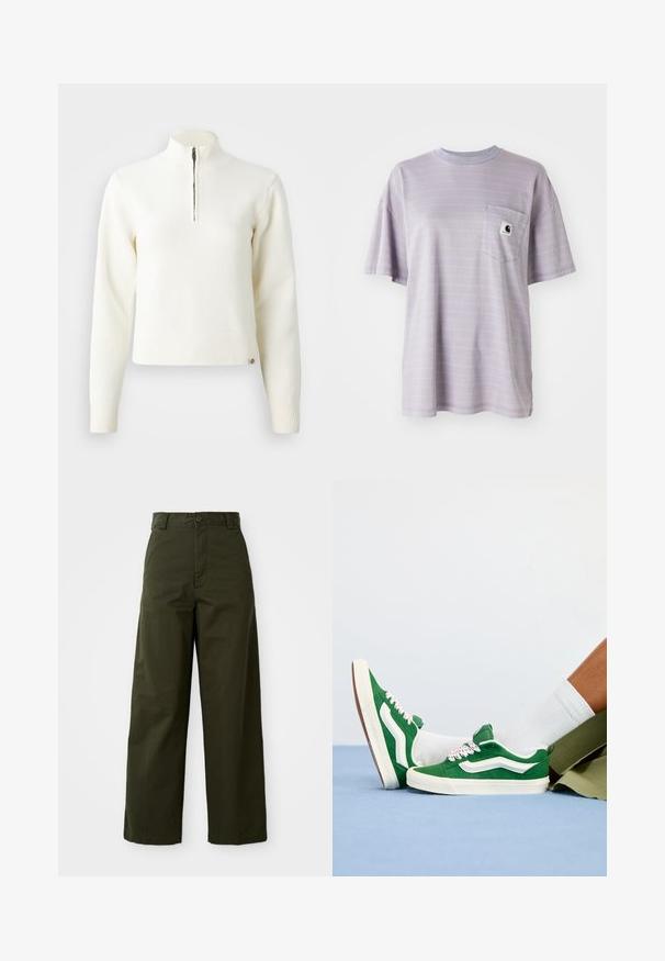Suéter blanco con cuello de cremallera y mangas largas. Fabricado en un material de punto suave, con puños y dobladillo acanalados. Logo de la marca sutil en el dobladillo.; Camiseta de manga corta en un suave color púrpura claro, con sutiles rayas horizontales y un bolsillo en el pecho con un pequeño logotipo de la marca. Tejido de algodón suave.; Pantalones de pierna ancha en verde oliva, hechos de algodón resistente. Cuentan con un cierre de botón, una cintura con cinturón y un corte recto sin patrones visibles.; Zapatillas de ante verde con acentos blancos, cordones texturizados que presentan detalles en rosa y una suela de goma beige, combinadas con calcetines blancos y pantalones cortos verdes.