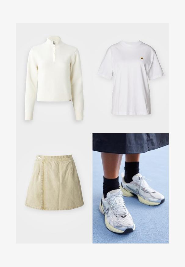 Suéter blanco con cuello de cremallera y mangas largas. Fabricado en un material de punto suave, con puños y dobladillo acanalados. Logo de la marca sutil en el dobladillo.; Camisa de algodón blanca con corte relajado, mangas cortas y un pequeño logotipo bordado en el área del pecho izquierdo.; Minifalda caqui hecha de tela suave, con un cierre de botón lateral, textura lisa y una silueta ligeramente acampanada con un dobladillo por encima de la rodilla.; Zapatillas Nike blancas y plateadas con tejido de malla, detalles reflectantes y una suela beige. Llevadas con calcetines negros, de pie sobre una superficie azul.
