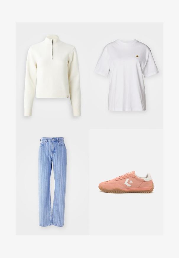 Pull-over blanc à col zippé et manches longues. Fabriqué en matériau tricoté doux, avec des poignets et un ourlet côtelés. Logo de la marque subtil à l'ourlet.; T-shirt en coton blanc avec une coupe décontractée, des manches courtes et un petit logo brodé sur la poitrine gauche.; Jean en denim bleu clair avec des rayures blanches verticales, taille haute, coupe ample, cinq poches et fermeture à bouton.; Baskets en suède rose avec des accents blancs, design à lacets, semelle en gomme texturée et logo d'étoile sur le côté. Profil bas et léger.