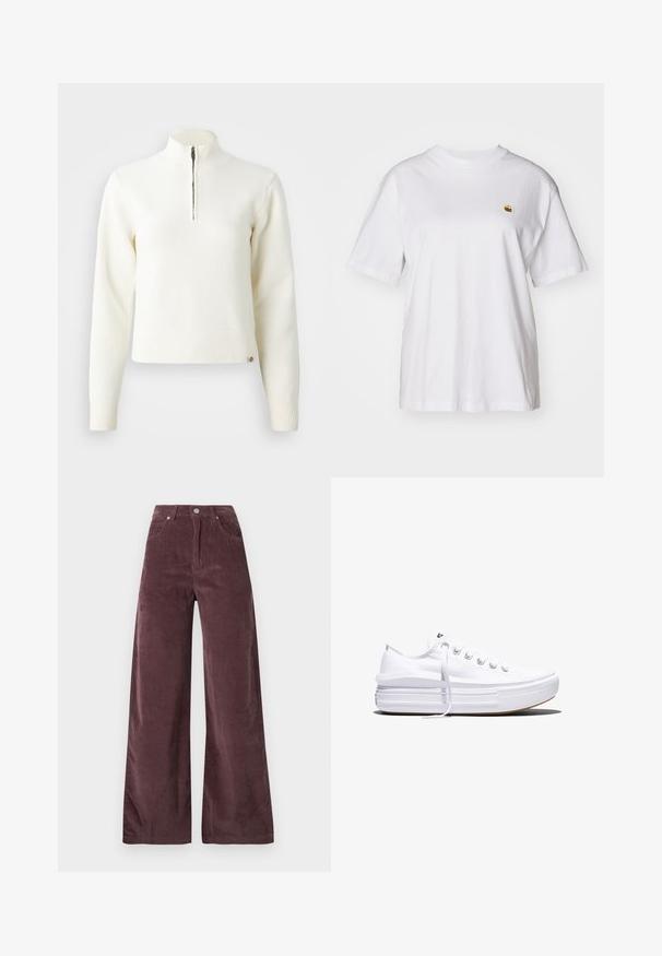 Pull-over blanc à col zippé et manches longues. Fabriqué en matériau tricoté doux, avec des poignets et un ourlet côtelés. Logo de la marque subtil à l'ourlet.; T-shirt en coton blanc avec une coupe décontractée, des manches courtes et un petit logo brodé sur la poitrine gauche.; Pantalons large à taille haute en velours côtelé mauve foncé, dotés de poches avant et d'une fermeture par bouton.; Baskets basses blanches en toile avec semelle plateforme épaisse, lacets sur le devant et embout en caoutchouc texturé, vues de profil.