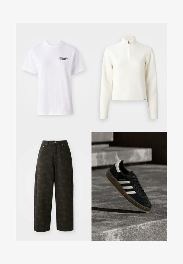 Pull-over blanc à col zippé et manches longues. Fabriqué en matériau tricoté doux, avec des poignets et un ourlet côtelés. Logo de la marque subtil à l'ourlet.; T-shirt blanc à manches courtes et col rond avec un petit logo Carhartt WIP noir et violet sur la poitrine gauche.; Un pantalon large vert foncé présente un motif floral texturé, un design à cinq poches et des fermetures à bouton en métal à la taille.; Baskets Adidas noires avec des bandes blanches et une semelle en gomme flottant au-dessus d'escaliers en béton gris sous une lumière naturelle.