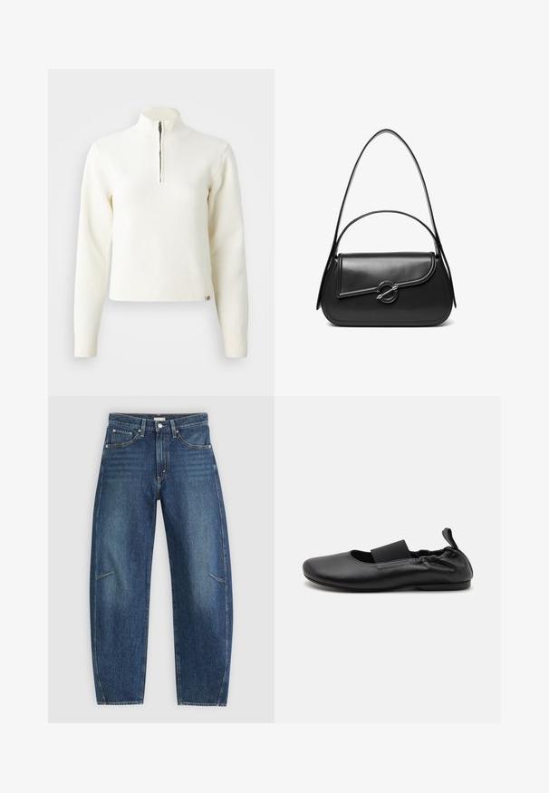 Weißer Sweater mit Reißverschluss am Hals und langen Ärmeln. Aus weichem Strickmaterial gefertigt, mit gerippten Bündchen und Saum. Dezentes Markenlogo am Saum.; Dunkelblaue Jeans aus Denim mit geradem Bein, ausgestattet mit Vorderaschen, Kontrastnähten und einer dezenten, ausgewaschenen Textur an den Beinen.; Schwarze Ballerina aus glattem synthetischem Material mit elastischem Band, runder Zehenpartie und kleinem Absatz sowie gerafftem Rückendetail.; Schwarze Lederschultertasche mit einer geschwungenen Klappe, die durch einen runden Metallverschluss gesichert ist, und einem schlanken, verstellbaren Riemen.