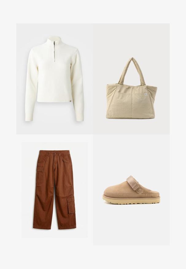 Hvid, sweater med lynlås ved halsen og lange ærmer. Lavet af et blødt strikmateriale, med ribbede manchetter og kant. Diskret mærke-logo ved kanten.; Brune cargo-bukser med lige ben, knaplukning, sidelommer med klap og skrå lommer foran, lagt fladt på en hvid overflade.; Beige suedeklums med en tekstureret overdel, justerbar rem og en solid gummisål med en skridsikker mønster.; Beige polstret shoppertaske med lange håndtag og en frontlomme med et lille rundt logo på en hvid mærkat.
