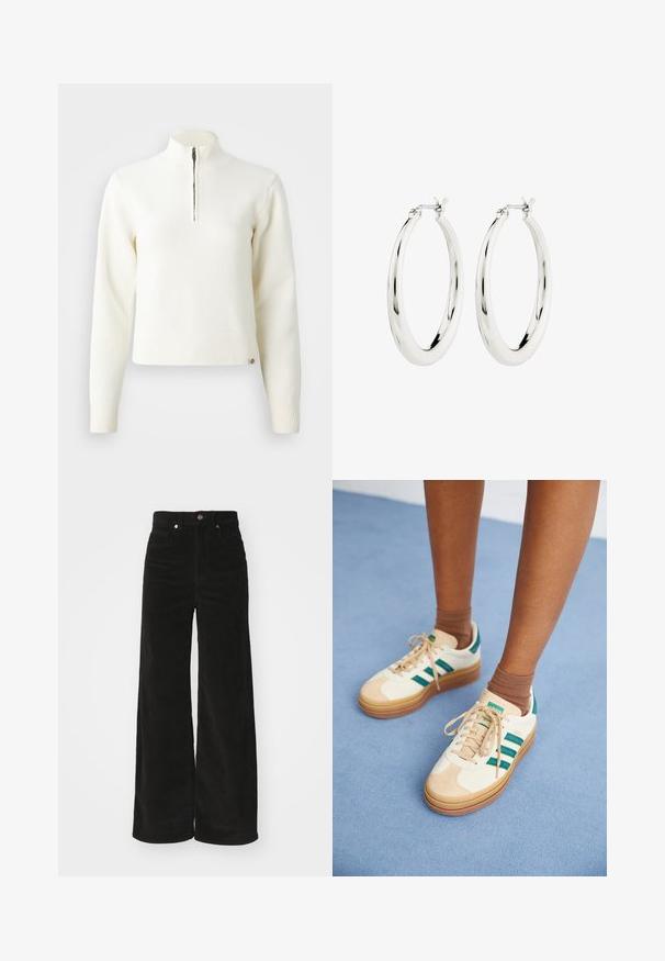 Suéter blanco con cuello de cremallera y mangas largas. Fabricado en un material de punto suave, con puños y dobladillo acanalados. Logo de la marca sutil en el dobladillo.; Pantalones de pana negros de pierna ancha con una cintura alta, que cuentan con dos bolsillos frontales y un cierre de botón metálico. Tejido texturizado con estrías verticales.; Zapatillas color beige con rayas verde oscuro, suela de goma, parte superior de ante y textil, y accesorios en color neutro, acompañadas de calcetines marrones sobre una superficie azul clara.; Pendientes de aro de plata con un acabado suave y brillante. Forma circular, con un cierre seguro. Diseño sencillo y elegante.