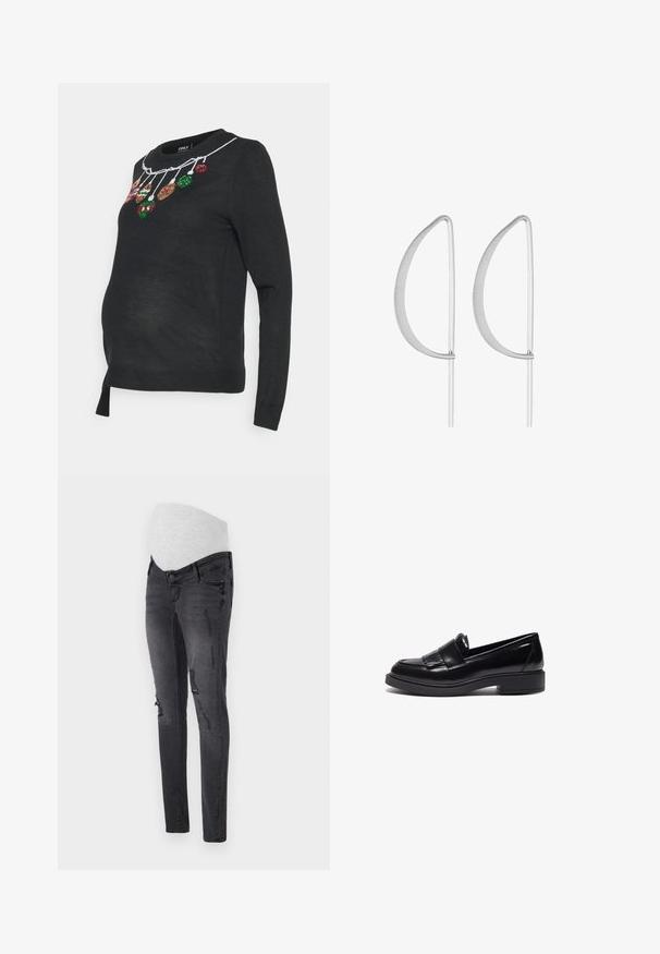 ONLY MATERNITY OLMXMAS - Svetrík - black/bauble; Tehotenské jeansy v tmavosivej džínsovine s pružným pásom, s vyblednutými detailami a priliehavým strihom.; Čierne kožené poltopánky s elegantným dizajnom, okrúhlou špičkou, dekoratívnym třásňom a nízkou, textúrovanou gumovou podrážkou.; Strieborné kovové náušnice s minimalistickým zakriveným dizajnom, ktorá obsahuje pretiahnuté, otvorené kvapkovité tvary a matný povrch.