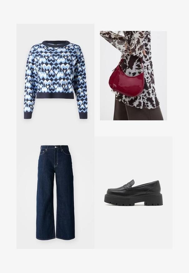 Pull bleu marine arborant un motif de cœurs entrelacés en bleu clair et blanc, style cropped avec un col rond et des poignets côtelés.; Jeans en denim bleu foncé à jambes larges avec des coutures contrastées, un design à cinq poches et une fermeture à bouton à la taille.; Mocassins en cuir noir avec une semelle en caoutchouc épaisse et basse, des détails cousus sur le dessus et une texture lisse.; Femme portant un chemisier à motif noir et blanc tenant un sac à main rouge brillant sur un fond uni.