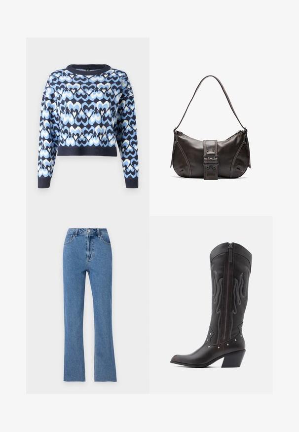 Marineblauwe trui met een patroon van in elkaar grijpende harten in lichtblauw en wit. Cropped stijl met een ronde hals en geribde manchetten.; Aangestrikte blauwe jeans van denim, met een hoge taille, flared pijpen en subtiele stikdetails. Klassiek vijf-pocket ontwerp.; Bruine leren cowboylaarzen met vlamstiksels, zijrits, zilveren studs, spits toelopende neus en gestapelde hak.; Bruine leren schoudertas met een gebogen vorm, voorzien van een opvallende gespdetail, contrasterende stiksels en een enkele schouderband.
