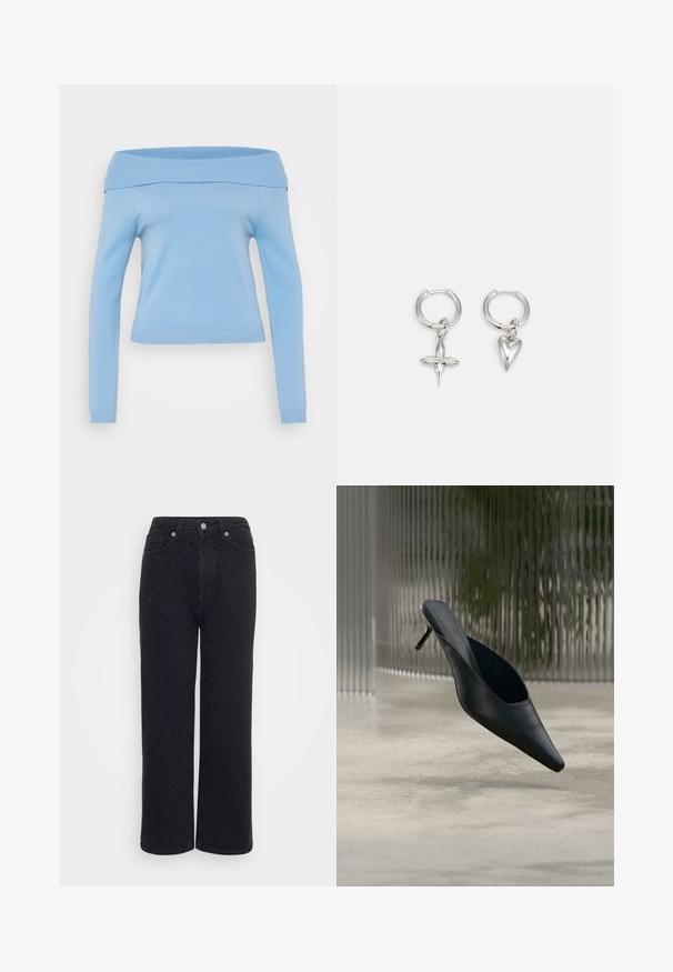 Top azul claro, sin mangas y de manga larga, con un cuello ribeteado y puños, diseño ajustado y tela suave y ligera.; Pantalones de mezclilla negra de pierna ancha con una cintura alta, que presentan acentos decorativos de tachuelas en todo su diseño y una textura suave.; Zapato mule negro de punta fina con tacón alto y delgado flotando sobre un suelo de hormigón liso, con un fondo desenfocado de rayas verticales.; Pendientes de aro de plata con un charm de cruz y corazón. Textura suave y brillante con un acabado pulido. Cada charm cuelga de un lazo seguro.
