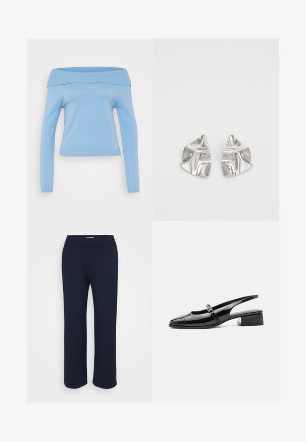 Top azul claro, sin mangas y de manga larga, con un cuello ribeteado y puños, diseño ajustado y tela suave y ligera.; Pantalones rectos de color azul marino, confeccionados en una tela elástica, que cuentan con una cinturilla plana y dos bolsillos laterales para mayor funcionalidad.; Zapato slingback de charol negro con tacón bajo y grueso y una fina correa con hebilla de plata en la parte superior.; Pendientes de metal plateado con un diseño ondulado y escultórico, que presentan un acabado pulido y formas irregulares, destacando una estética contemporánea.