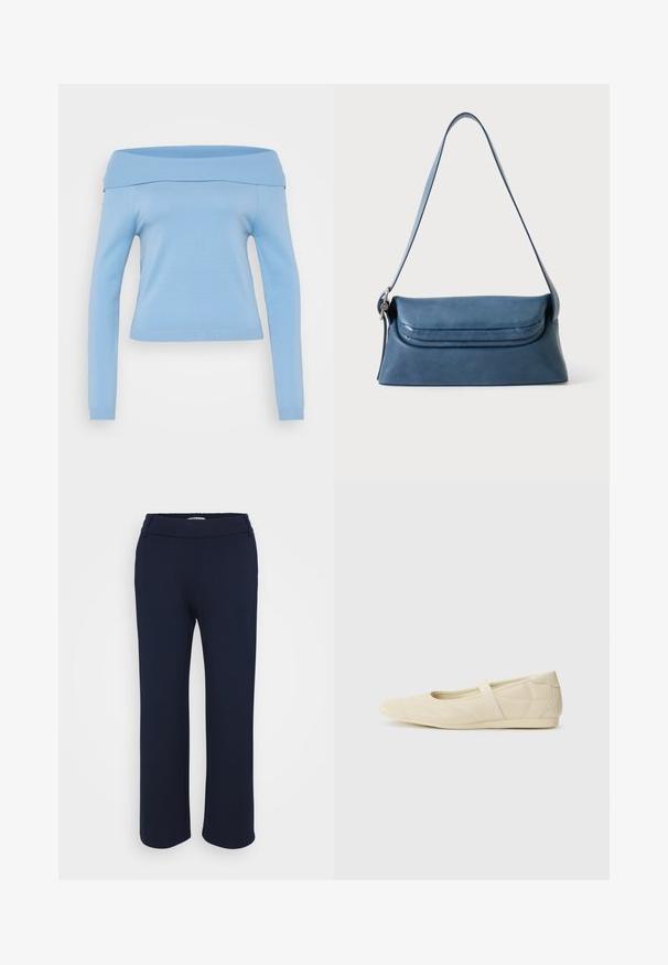 Lichtblauw, off-the-shoulder lange mouw top met een geribbeld halslijn en manchetten, aangesloten ontwerp en een soepele, lichte stof.; Marineblauwe rechte broek van rekbare stof, met een platte tailleband en twee zijzakken voor functionaliteit.; Beige ballerina's met een gladde leren buitenkant, amandelvormige punt en elastische band over de wreef, met subtiele stiksels.; Blauwe leren schoudertas met een lange band en een flap als sluiting, getoond op een effen lichte achtergrond.