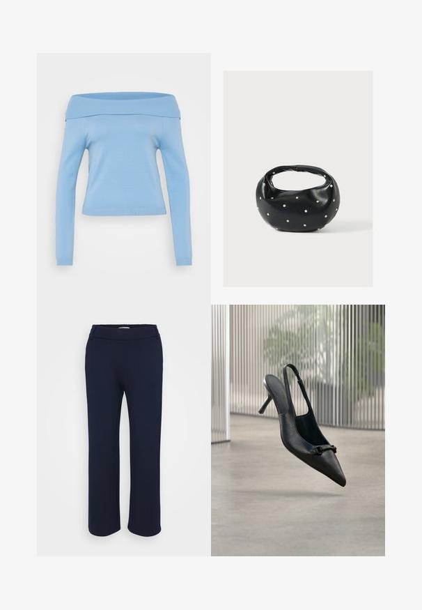 Helles blaues, schulterfreies Langarmoberteil mit geripptem Ausschnitt und Bündchen, taillierte Passform und glattes, leichtes Material.; Marineblaue gerade geschnittene Hose aus elastischem Material, mit flachem Bund und zwei seitlichen Taschen für Funktionalität.; Schwarzer, strukturierter Leder-Slingback-Hochschuh mit spitzer Spitze und einer kleinen dekorativen Schnalle, der über einem glatten Boden zu schweben scheint.; Schwarze Lederhandtasche mit abgerundeter Form, verziert mit silbernen Nietenakzenten und kurzem Griff. Glatte Struktur und Reißverschlussverschluss.