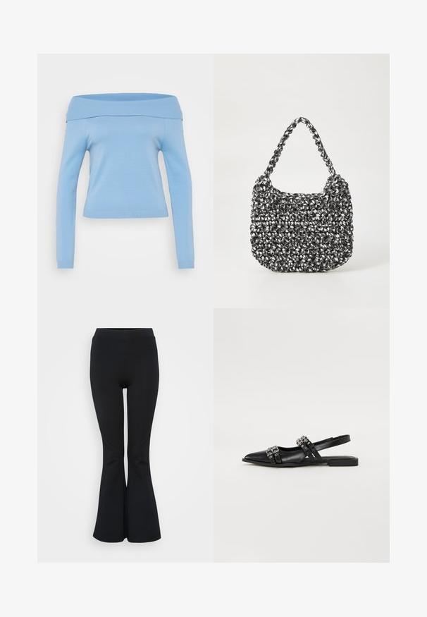 Helles blaues, schulterfreies Langarmoberteil mit geripptem Ausschnitt und Bündchen, taillierte Passform und glattes, leichtes Material.; Schwarze ausgestellte Leggings aus elastischem Material. Verfügt über einen hohen Bund und eine glatte Textur. Endet mit einem ausgestellten Saum.; Even&Odd by Zalando Sling-Ballerina - black; Gewebte Handtasche in Schwarz und Weiß mit runder Form, strukturiertem Oberflächenfinish und geflochtener Grifffläche. Geeignet für den lässigen Gebrauch.