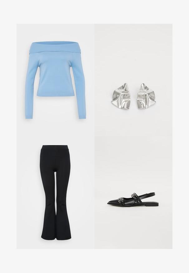 Helles blaues, schulterfreies Langarmoberteil mit geripptem Ausschnitt und Bündchen, taillierte Passform und glattes, leichtes Material.; Schwarze ausgestellte Leggings aus elastischem Material. Verfügt über einen hohen Bund und eine glatte Textur. Endet mit einem ausgestellten Saum.; Even&Odd by Zalando Sling-Ballerina - black; Silberne Metallohrringe mit einem wellenförmigen, skulpturalen Design, das eine polierte Oberfläche und unregelmäßige Formen aufweist, die eine zeitgenössische Ästhetik betonen.