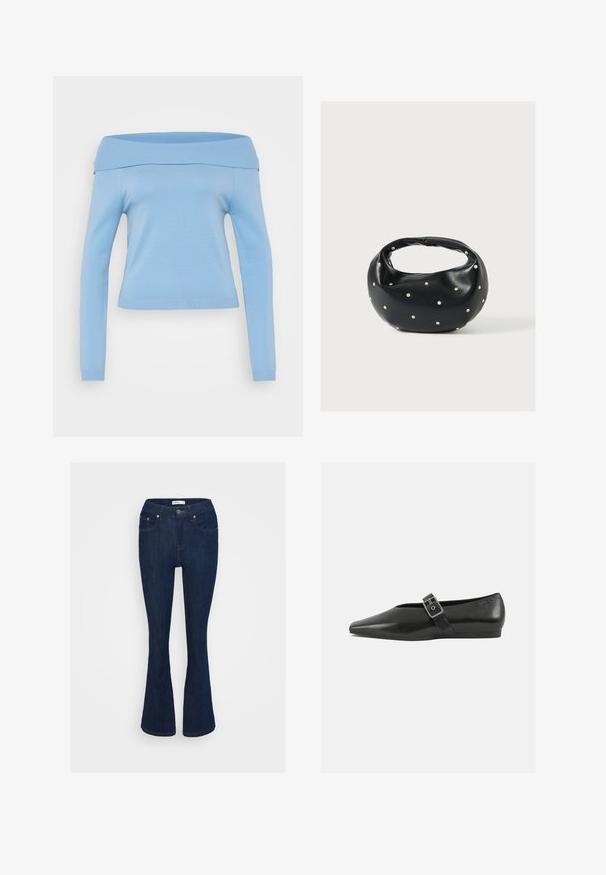 Haut à manches longues bleu clair, décolleté bardot, avec un col et des poignets côtelés, au design ajusté, en tissu léger et lisse.; Jean flare en denim bleu foncé avec un design classique à cinq poches, fermeture à bouton métallique et accents de couture sur les poches.; Chaussure plate en cuir noir avec un orteil pointu, présentant une sangle à boucle métallique sur le cou-de-pied et une semelle basse et flexible.; Sac à main en cuir noir de forme arrondie, décoré de clous argentés et équipé d'une poignée courte. Texture lisse et fermeture éclair.