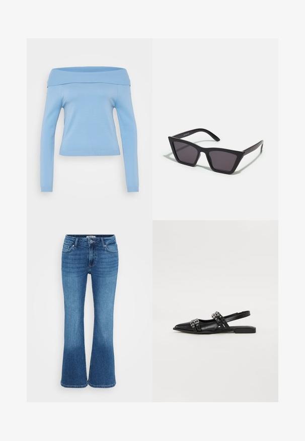 Helles blaues, schulterfreies Langarmoberteil mit geripptem Ausschnitt und Bündchen, taillierte Passform und glattes, leichtes Material.; Blaue Schlagjeans aus Denim mit mittelhoher Taille, fünf Taschen und einem leicht verwaschenen Finish für einen lässigen Look.; Even&Odd by Zalando Sling-Ballerina - black; Schwarze, eckige Sonnenbrille mit grauen Gläsern; aus Kunststoff gefertigt, mit dicken Bügeln, die eine glatte Oberfläche und keine sichtbaren Beschläge haben.