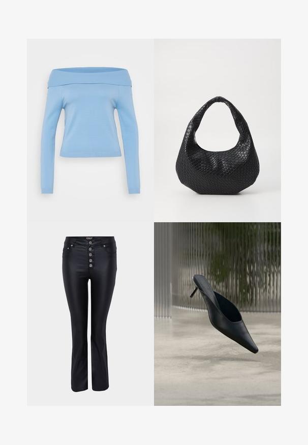 Haut à manches longues bleu clair, décolleté bardot, avec un col et des poignets côtelés, au design ajusté, en tissu léger et lisse.; Jean évasé noir au design élégant, fabriqué à partir d'un matériau lisse. Comprend cinq fermetures à boutons argentés et des poches à l'avant.; Mule noire à bout pointu avec un talon fin et haut flottant au-dessus d'un sol en béton lisse, avec un arrière-plan flou à rayures verticales.; Sac à main tissé noir avec une poignée courbée, présentant une surface texturée et une forme décontractée. Fini lisse avec une silhouette organique.