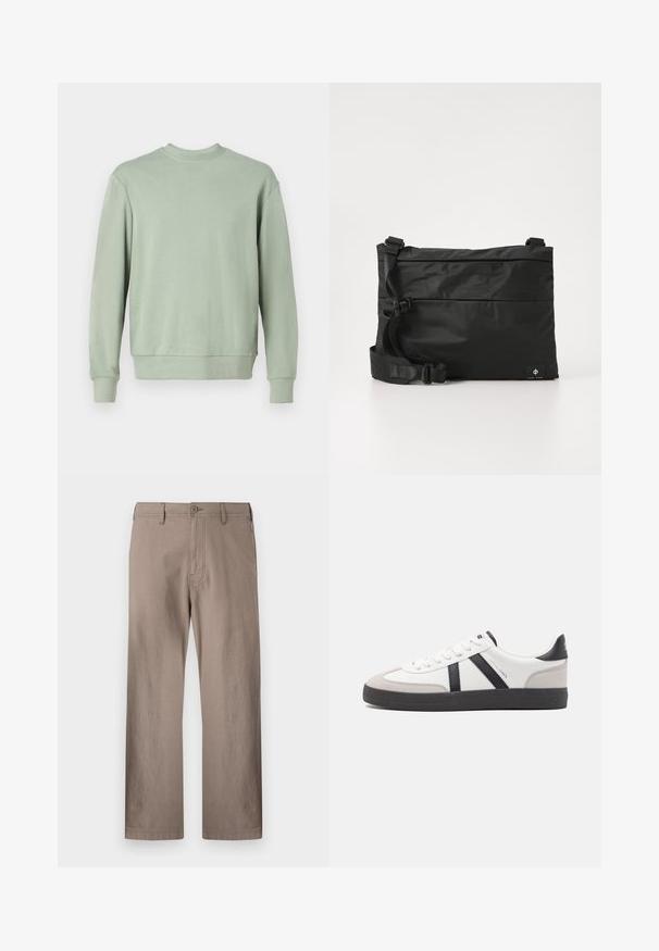 Grüne Crewneck-Sweatshirt aus weichem Stoff mit langen Ärmeln, Rippbündchen und lockerer Passform. Einfaches Design ohne Muster oder Akzente.; Beige gerade geschnittene Hose aus leichtem Stoff mit Knopfverschluss, ausgestattet mit frontalen Taschen und sauberer Naht.; Weiße Sneaker mit schwarz- und grau-aczenten, ausgestattet mit einer strukturierten grauen Zehenkappe, schwarzer Gummi-Sohle und flachen weißen Schnürsenkeln. Sauberes Design, minimalistische Stil.; Schwarze Nylon-Umhängetasche mit verstellbarem Riemen, flachem Design und seitlichem Etikett mit Logo. Glatte Textur und minimalistischer Stil.