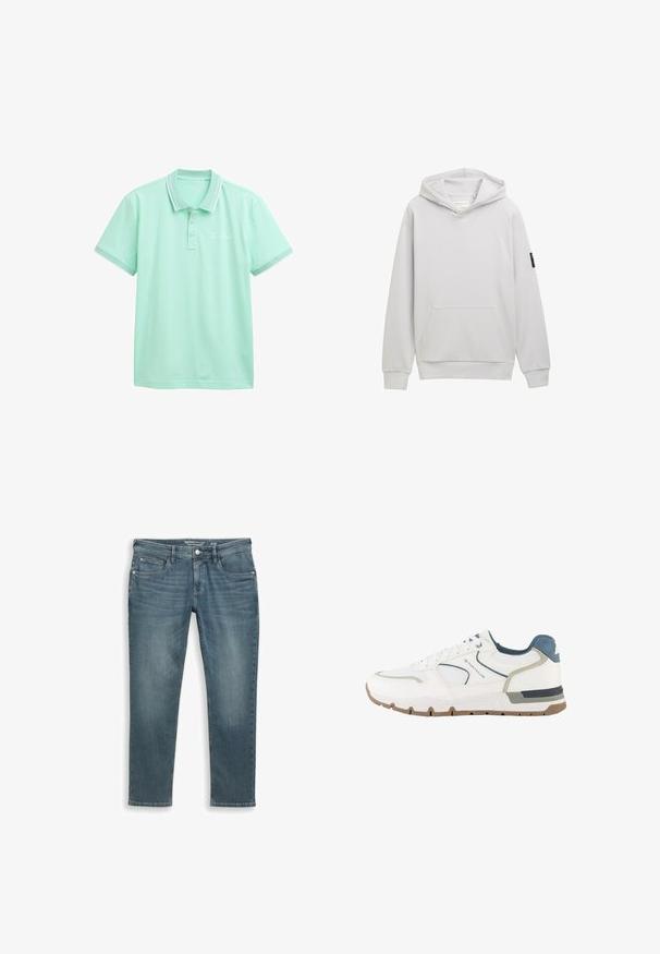 Sweat à capuche gris clair avec une poche kangourou, des poignets côtelés et une petite étiquette noire sur la manche gauche. Texture lisse, design décontracté.; Polo shirt vert menthe avec une patte de boutonnage à trois boutons, col et poignets blancs contrastants. Présente une texture subtile et une broderie de la marque sur la poitrine.; Jean en denim bleu clair, coupe droite. Comprend cinq poches, fermeture à bouton, passants de ceinture et un léger délavage pour la texture.; Baskets de sport blanches et grises avec des accents bleus, en tissu mesh, et une semelle marron, estampillées "Tom Tailor" sur le côté.