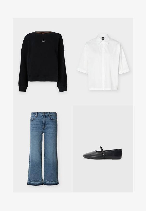Sweatshirt noir à manches longues avec poignets et ourlet côtelés, arborant un petit logo blanc « Boss » centré sur la poitrine.; Chemise blanche à manches courtes avec col et patte de boutonnage dissimulée, avec une étiquette de marque noire "BOSS" à l'intérieur du col.; Jean en denim bleu taille haute à jambes larges avec fermeture à boutons et zip, poches avant, passants pour ceinture et ourlets cousus.; Ballerines noires en cuir avec un bout pointu, une semelle plate et une petite sangle avec un détail de boucle en argent.