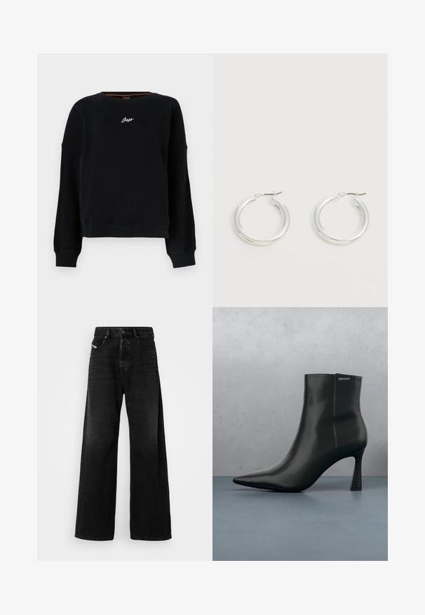 Sort langærmet sweatshirt med ribbede manchetter og kant, med lille hvid "Boss"-logo centreret på brystet.; Bredde ben sorte denimjeans med høj talje, med knaplukning, forlommer og en falmet struktur.; Sort læder ankelstøvle med spids tå og geometrisk hæl. Har subtil branding og en glat overflade. Baggrunden består af strukturerede fliser.; Par mellemstore skinnende sølv hoops øreringe med tynde metal spænder på en lys neutral baggrund.