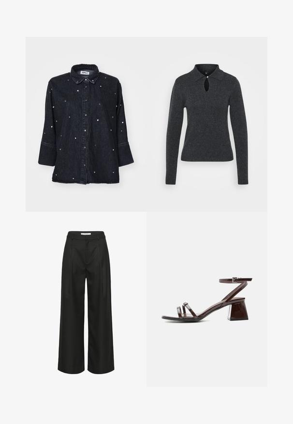 Donkergrijze gebreide trui met een kraag, lange mouwen en een sleutelgatopening bij de halslijn, voorzien van een klein knoopdetail.; ONLY ONLGRACE 3/4 RHINESTONE - Overhemdblouse - washed black; Zwarte broek met wijde pijpen en een getailleerd ontwerp, met een hoge taille, voorplooien en een gladde stoftextuur. Geschikt voor formele kleding.; Donkerbruine sandalen van lakleer met blokhak, enkelriem met gesp en twee dunne bandjes over de tenen op witte achtergrond.