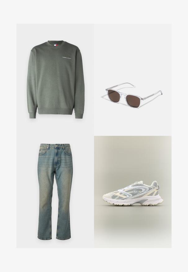 Olivengrøn sweatshirt med rund halsudskæring, ribbede manchetter og kant, prydet med et hvidt "TOMMY JEANS" logo på brystet. Materiale i bomuldsblanding.; Falmede blå denimjeans med lige ben, fem lommer og knaplukning. Har subtile lettere vaske detaljer.; Hvid atletiksko med grå mesh-paneler, teksturerede overlejringer, en polstret krave og en gummisål med små grebspidser.; Klare plastik solbriller med rektangulære brune linser, med tynde, transparente stænger og metal accenter på templerne.