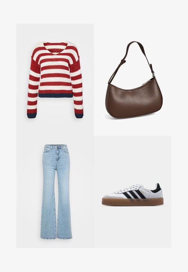 Rot-weißer gestreifter Strickpullover mit einem cropped Design und einem navyblauen Saum. Verfügt über lange Ärmel und einen weiten V-Ausschnitt.; Helle blaue Schlagjeans aus Denim, mit hohem Bund, Fünf-Taschen-Design und ungesäumtem Saum unten. Die Textur ist leicht abgenutzt.; Weiße Leder Sneakers mit schwarzen Streifen, Gummigummi-Außensohle, runder Zehenform, Schnürverschluss und weichem grauem Wildleder-Zehenkappe.; Kleine braune Lederschultertasche mit verstellbarem Riemen und Reißverschluss, vor weißem Hintergrund. Kein sichtbares Branding oder Verzierung.