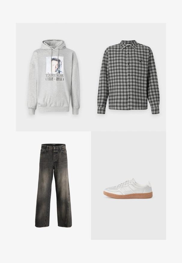 Hellgrau Hoodie mit Frontfoto und dem Text "XXXTENTACION (1998 - 2018)", das den verstorbenen Musik-Künstler ehrt.; Schwarz-graues kariertes Hemd mit langen Ärmeln, Kragen und schwarzen Knöpfen. Der Stoff wirkt strukturiert mit einem gewebten Muster.; Hochtaillierte, weit geschnittene schwarze, ausgewaschene Jeans mit vorderem Knopf- und Reißverschluss sowie standartmäßigen Fronttaschen.; Silberne Sneakers mit glatter Textur, Schnürdesign, durchbrochenen Akzenten und einer strukturierten braunen Gummisohle.