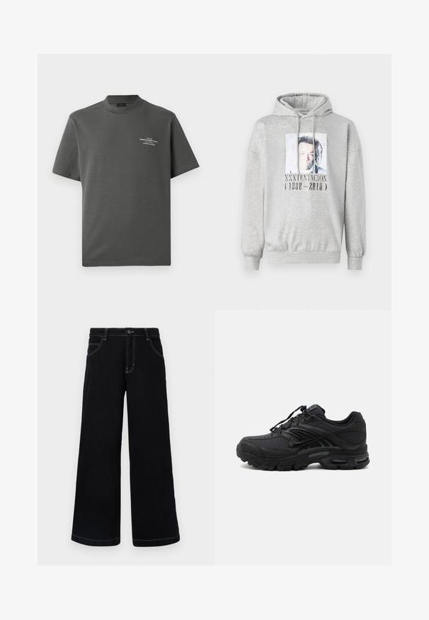 Svetlo šedá mikina s kapucňou a predným potlačou a textom "XXXTENTACION (1998 - 2018)" na počesť zosnulého hudobníka.; Jack & Jones PREMIUM Printed - Tričko s potlačou - volcanic ash; Čierne široké nohavice vyrobené z denimu, s gombíkovým zapínaním, piatimi vreckami a kontrastným bielym šitím pozdĺž švov.; Čierna atletická teniska s texturovanou tkaninou, hrubou polstrovanou podrážkou, odvetrávacími otvormi a šnurovaním, zobrazená z boku na svetlom pozadí.