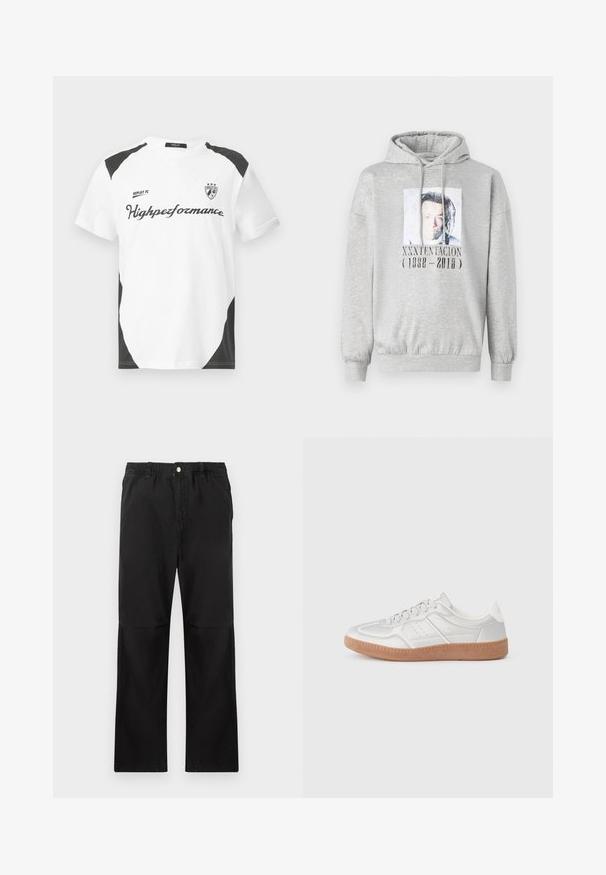 Lichtgrijze hoodie met een foto aan de voorkant en de tekst "XXXTENTACION (1998 - 2018)" ter nagedachtenis aan de overleden muziekartiest.; Witte T-shirt met korte mouwen en zwarte accenten. Bevat het logo "REPLAY FC" en de tekst "Highperformance" in een sportieve lettertype. Gemaakt van een glad materiaal.; Zwarte katoenen broek met een elastische tailleband, voorzien van een recht model, een gladde textuur en zonder zichtbare accenten of patronen.; Zilveren sneakers met een gladde textuur, vetersluiting, geperforeerde accenten en een gestructureerde bruine rubberen zool.