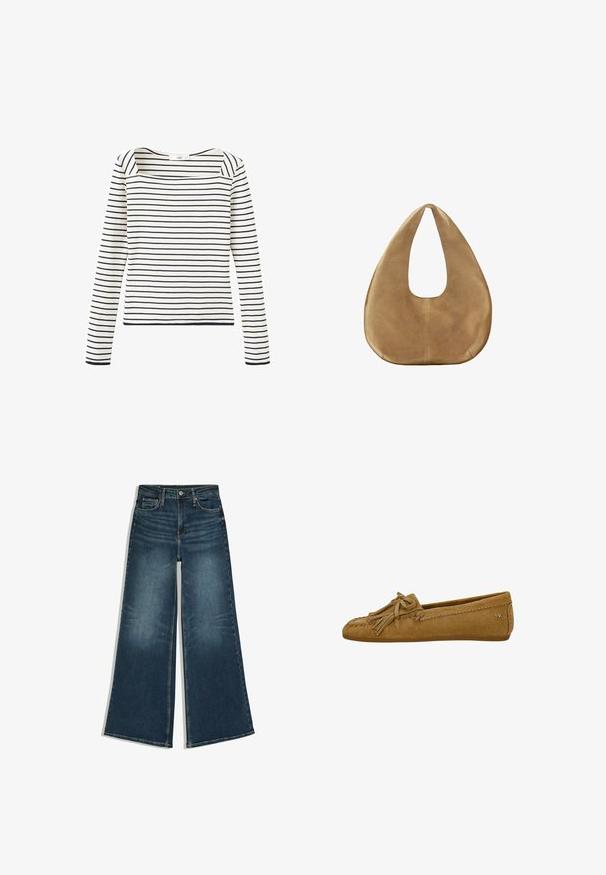 Chemise blanche à manches longues avec des rayures horizontales noires et un large décolleté carré, présentée sur un fond blanc uni.; Jean en denim bleu à jambes larges avec bouton sur le devant et poches, posé à plat sur fond blanc.; Mocassin avec mocassin en daim marron, orné de pampilles et de coutures décoratives, semelle plate et petit logo en métal sur le côté du talon.; Sac hobo en daim couleur camel avec un corps large et arrondi et une seule anse plate, présenté sur fond blanc uni.