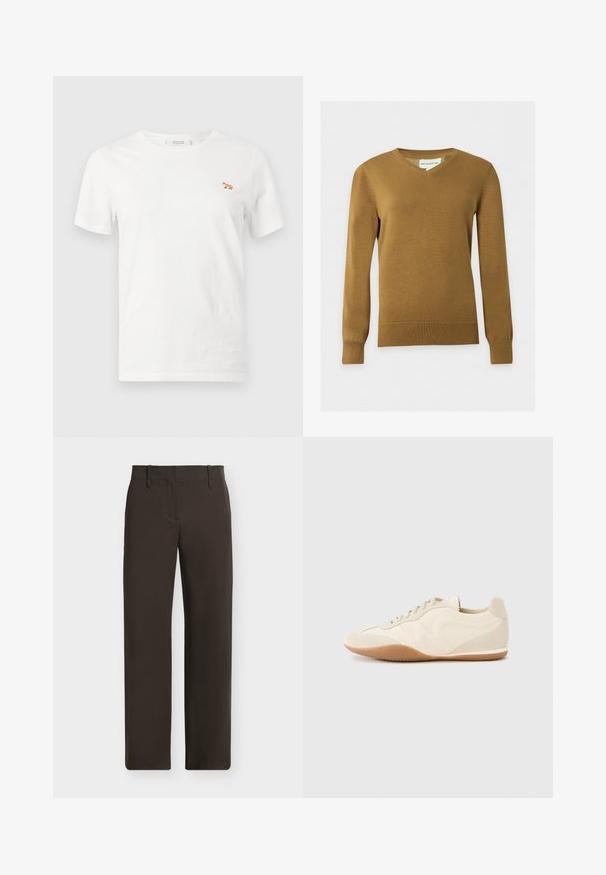 Pull en maille marron à col en V pour homme, manches longues, avec poignets et ourlet côtelés sur fond clair uni.; T-shirt blanc à manches courtes et col rond avec un petit renard orange brodé sur la poitrine gauche.; Pantalon droit marron foncé avec passants pour ceinture et poches avant, présenté à plat sur un fond clair.; Baskets beige clair avec une tige en cuir texturé, des panneaux latéraux texturés et une semelle en caoutchouc. Dotées d'un design fin et épuré ainsi que de lacets plats.