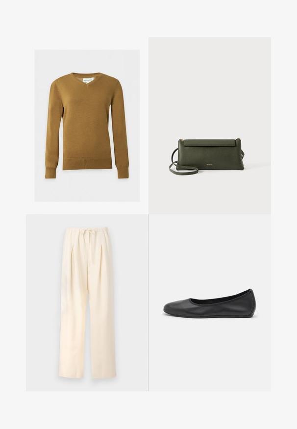Jersey de punto marrón para hombre con cuello en V, mangas largas y puños y bajo acanalados, sobre un fondo claro liso.; Pantalones plisados beige con cinturilla elástica y cordón ajustable. Tejido ligero y diseño de pierna ancha y recta.; Bailarina de piel negra con punta redondeada, textura suave, detalle de costura minimalista y diseño de suela flexible.; Bolso cruzado de cuero texturizado en verde oscuro con cierre de solapa y correa delgada ajustable, grabado con el pequeño logo dorado "Bee Projects".