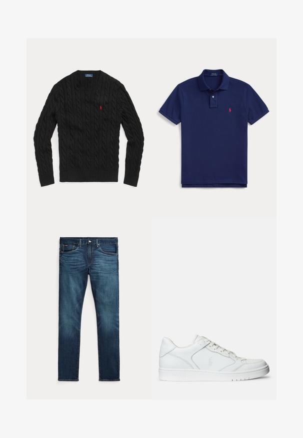 Mustast soonikkoega pikkade varrukatega kampsun ümara kaelusega ning vasakul rinnal tikitud punane Polo Ralph Laureni logo.; Tumesinine Polo Ralph Laureni lühikeste varrukatega polo särk, krae, kaks nööpi ja väike punane tikitud logo vasakul rinnal.; Tumesinised kitsad teksad esiküljel nööbi ja tõmblukuga, viie taskuga ning peene tuhmumisega reite ja põlvede eesosas.; Valged nahast spordijalatsid siledast materjalist, millel on ventilatsiooniga varvas, paelad ja kõrvale brodeeritud logo. Valge kummitald.