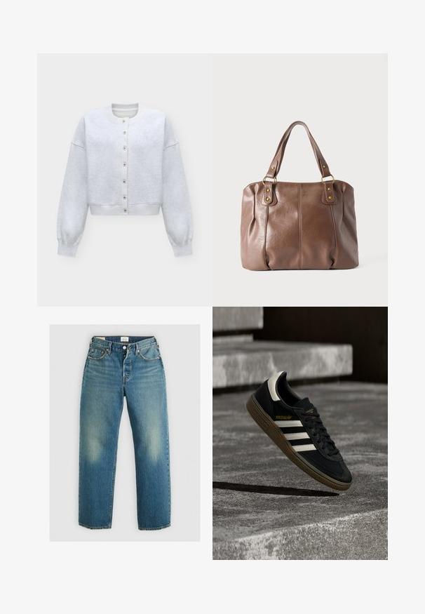 Hellgrauer, kurz geschnittener Strickcardigan mit langen Ärmeln, Knöpfen, gerippten Bündchen und Rundhalsausschnitt auf einfarbigem Hintergrund.; Levi's® 501® '90S ANKLE - Jeans Straight Leg - blank slate; Schwarzer Adidas-Sneaker mit weißen Streifen und Gummisohle schwebt über grauen Betonstufen im natürlichen Licht.; Braune Lederhandtasche mit zwei Schulterriemen, befestigt mit goldfarbenen Ringen und Nieten, vor einem schlichten hellen Hintergrund dargestellt.