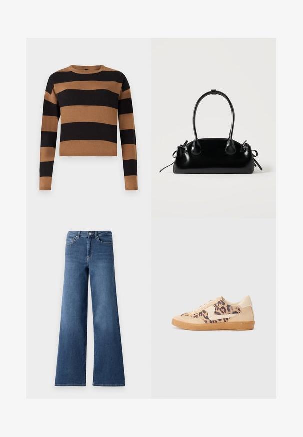 Bruine en zwarte gestreepte gebreide trui, ronde hals, lange mouwen, textiele stof, cropped snit, met afwisselend dikke strepen.; Bredere blauwe denim jeans met een standaard tailleband, steekzakken en een gladde textuur. Geen zichtbare patronen of versieringen.; Luipaardprint sneakers met een beige suède bovenkant, tan rubberen zool en witte accenten. Ronde neus en vetersluiting met een gestructureerde afwerking.; Kleine zwarte glanzende handtas met twee lange hengsels en zijkant trekkoord details op een effen lichte achtergrond.