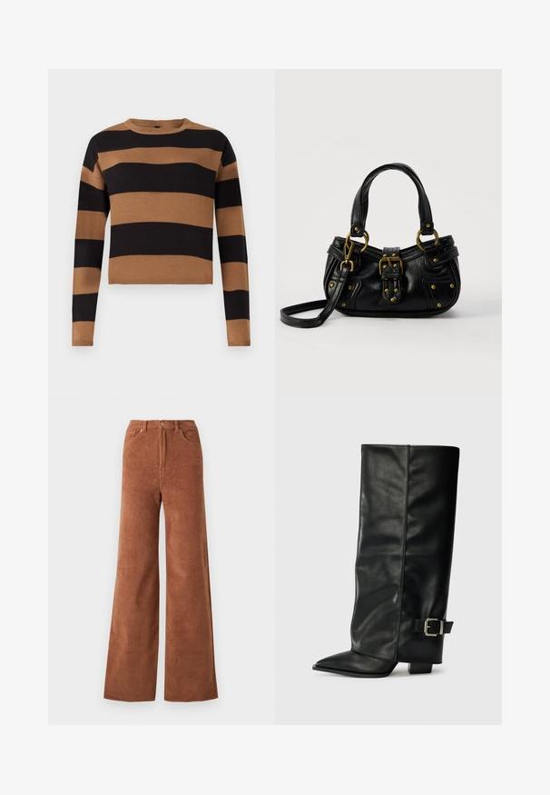 Brun og sort stribet striktrøje, rund hals, lange ærmer, tekstureret stof, cropped cut, med vekslende tykke striber.; Bredane corduroy bukser i en dyb brun farve, med lodrette ribber, frontlommer og knaplukning i taljen.; Sorte læder ankelstøvler i ankellængde med spids tå, glat tekstur og en sølvspændeaccents på siden. Kraftig firkantet hæl.; Sort læderhåndtaske med guldbælge og nitdetaljer, korte håndtag og en justerbar skulderrem på en ensfarvet hvid baggrund.