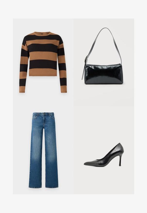 Bruine en zwarte gestreepte gebreide trui, ronde hals, lange mouwen, textiele stof, cropped snit, met afwisselend dikke strepen.; Wijde blauwe jeans met een vervaagd effect, vijf zakken en een knoopsluiting. Gemaakt van denim met een gladde, stevige textuur.; Zwarte lakleren damesschoen met hoge hak, puntige neus en smalle hak op een effen lichte achtergrond.; Zwarte rechthoekige schoudertas met een enkele verstelbare band en een bovenste ritssluiting op een effen achtergrond.