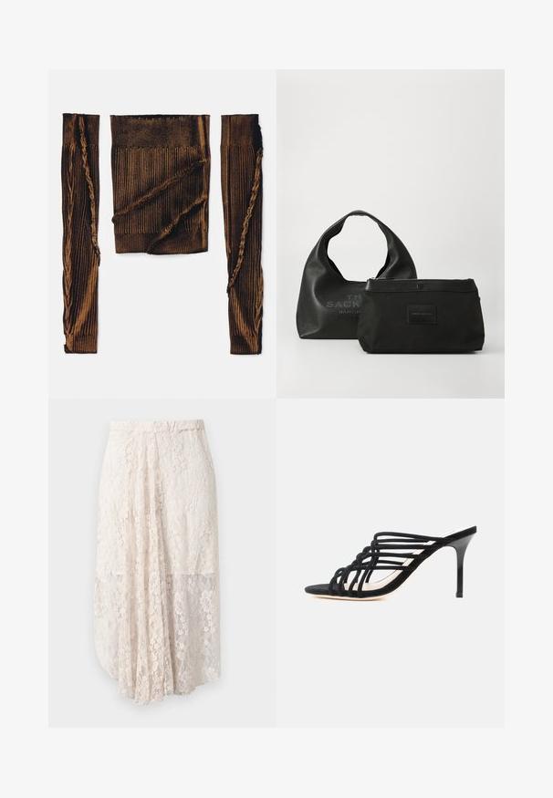 Brun ribbet stof top med lange ærmer, der har frynset kanter og ujævn tekstur. Fremhæver et slidt design med en cropped pasform.; Spids maxiskørt i lys beige med blomstermønstre, gennemsigtigt overlay og elastisk talje. Har en flydende, lagdelt silhuet.; Sort højhælet mule-sandal med tynde krydsremme og en slank stilet hæl på hvid baggrund.; To sorte Marc Jacobs tasker på en hvid overflade: en struktureret hobo-taske med buet håndtag og en mindre lynlåspose med læderdetaljer.